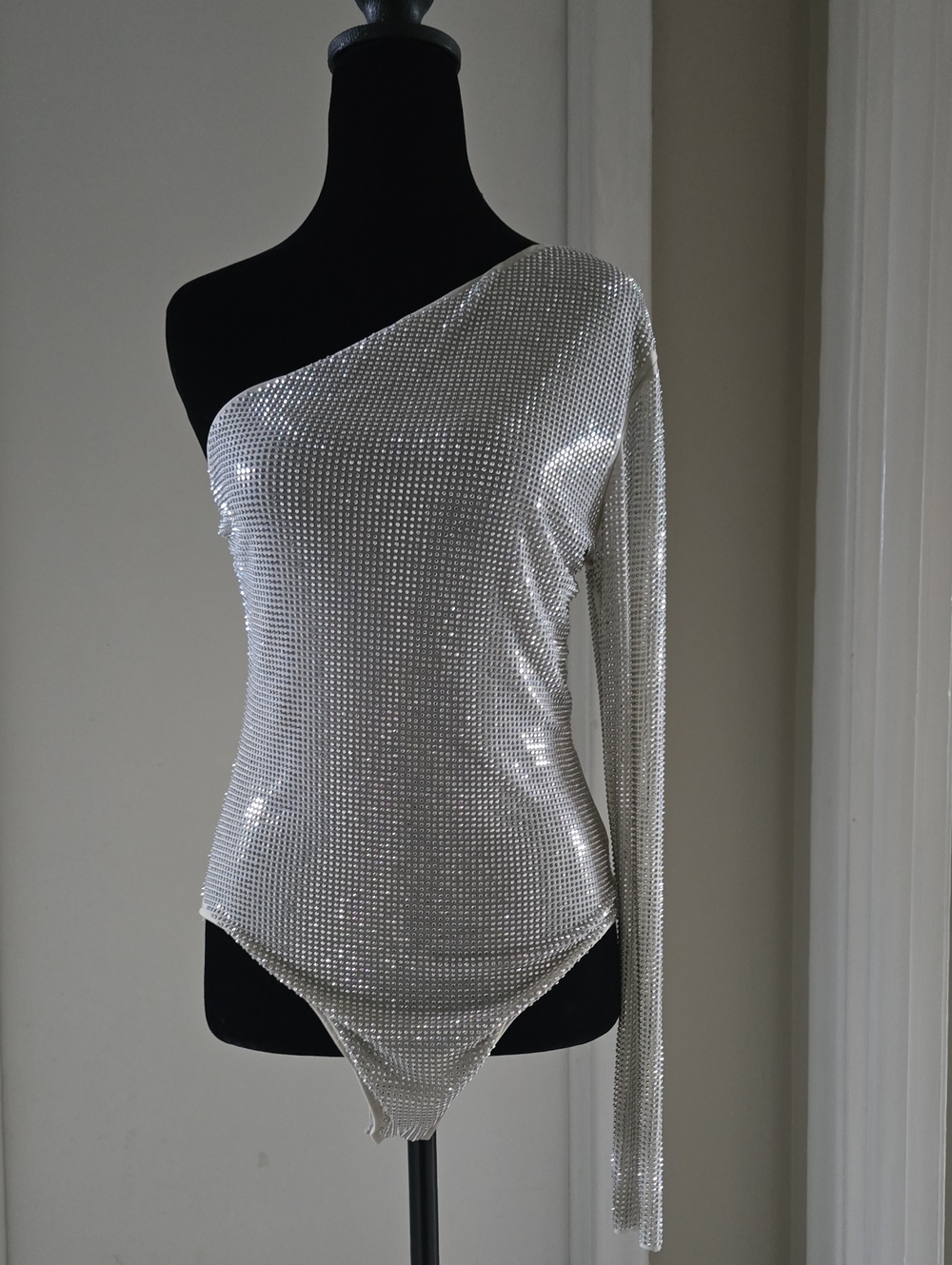 Zara Silver One-Shoulder Rhinestone Long-Sleeve Bodysuit
